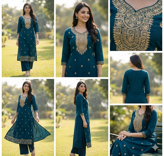A deep teal blue pure cotton kurti